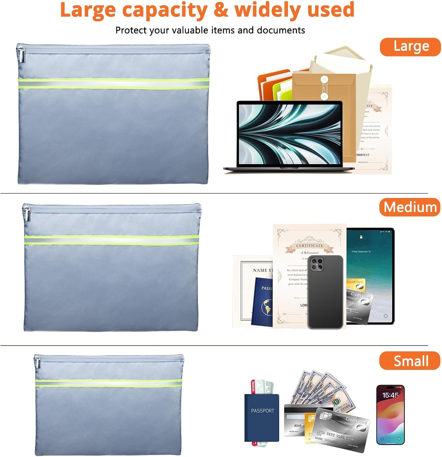 Fireproof Document Bag – 3 Pack (15" x 11", 13" x 9.7", 10.5" x 8") Fireproof & Water- proof Document Organizer | Document Holder with Zipper Secure for Cash, Passports, Check& More