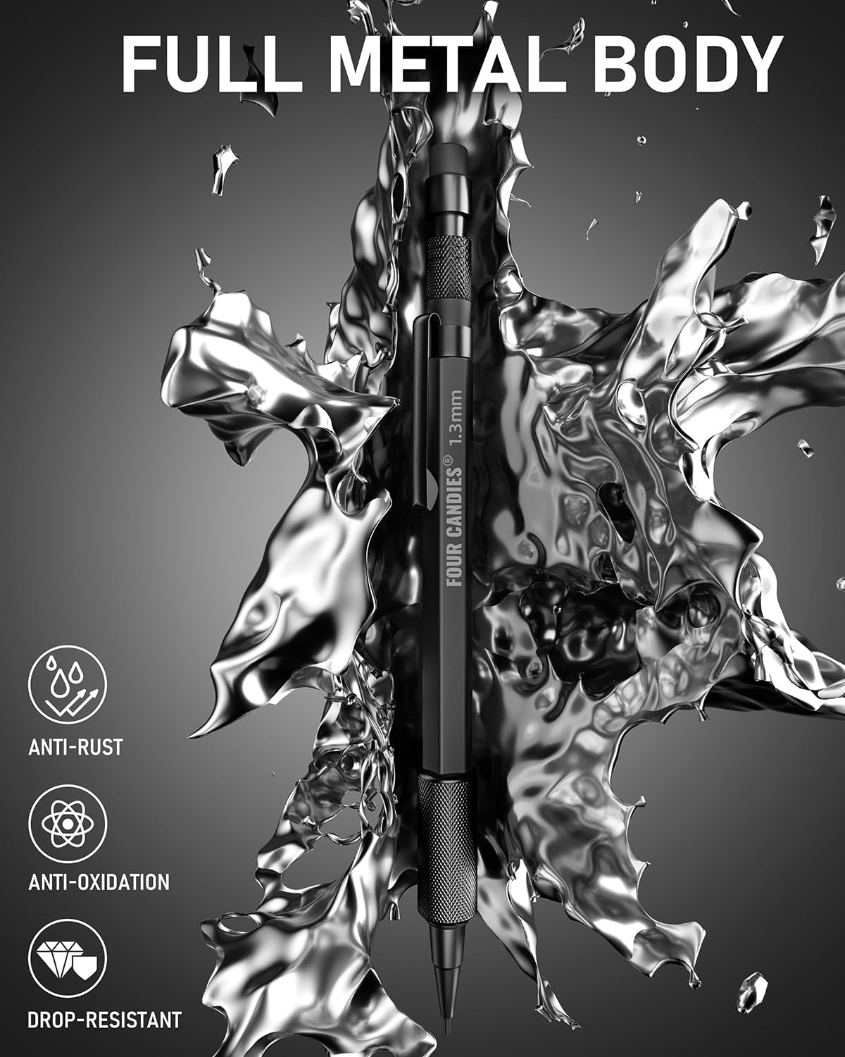 Four Candies 1.3mm Mechanical Pencil Set with 24 Lead Refills, Metal Weatherproof Heavy Duty Outdoor Carpenter Pencil, Eraser, 6 Eraser Refills for Architect Drafting Woodworking Marking with Case