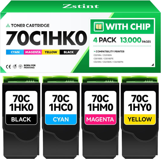 70C1HK0 70C1HC0 70C1HM0 70C1HY0 Toner Cartridge Set 4-Pack Black Cyan Magenta Yellow with chip Replacement Compatible for Lexmark CS310N CS310DN CS510DE CS510DTE CS410N CS410DN CS410DTN Laser Printer