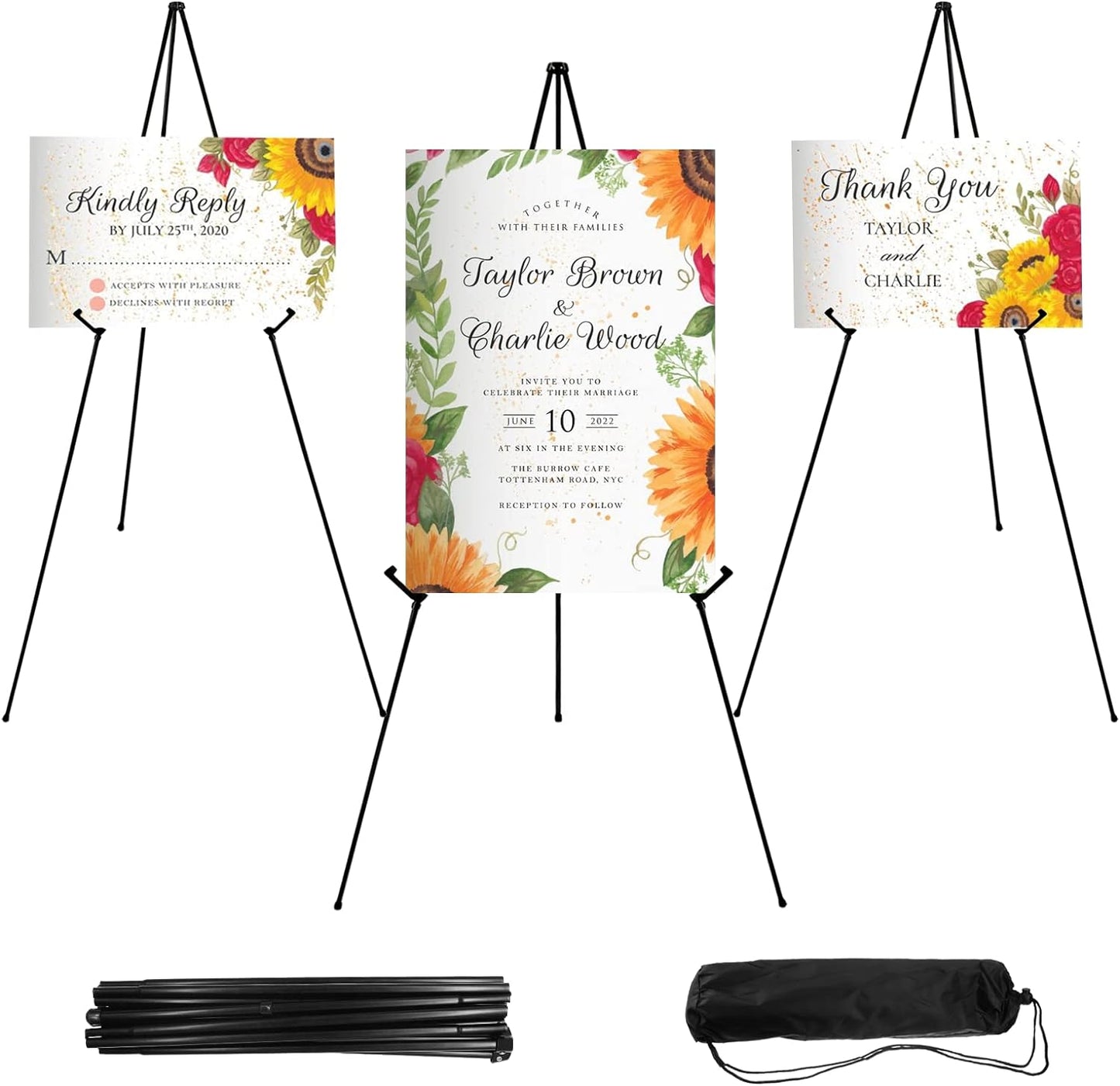 Easel Stand 65 Inches 3 Pcs, Lightweight Adjustable Art Easel for Display, Wedding Sign, Poster, Black Metal Easel with Portable Bags
