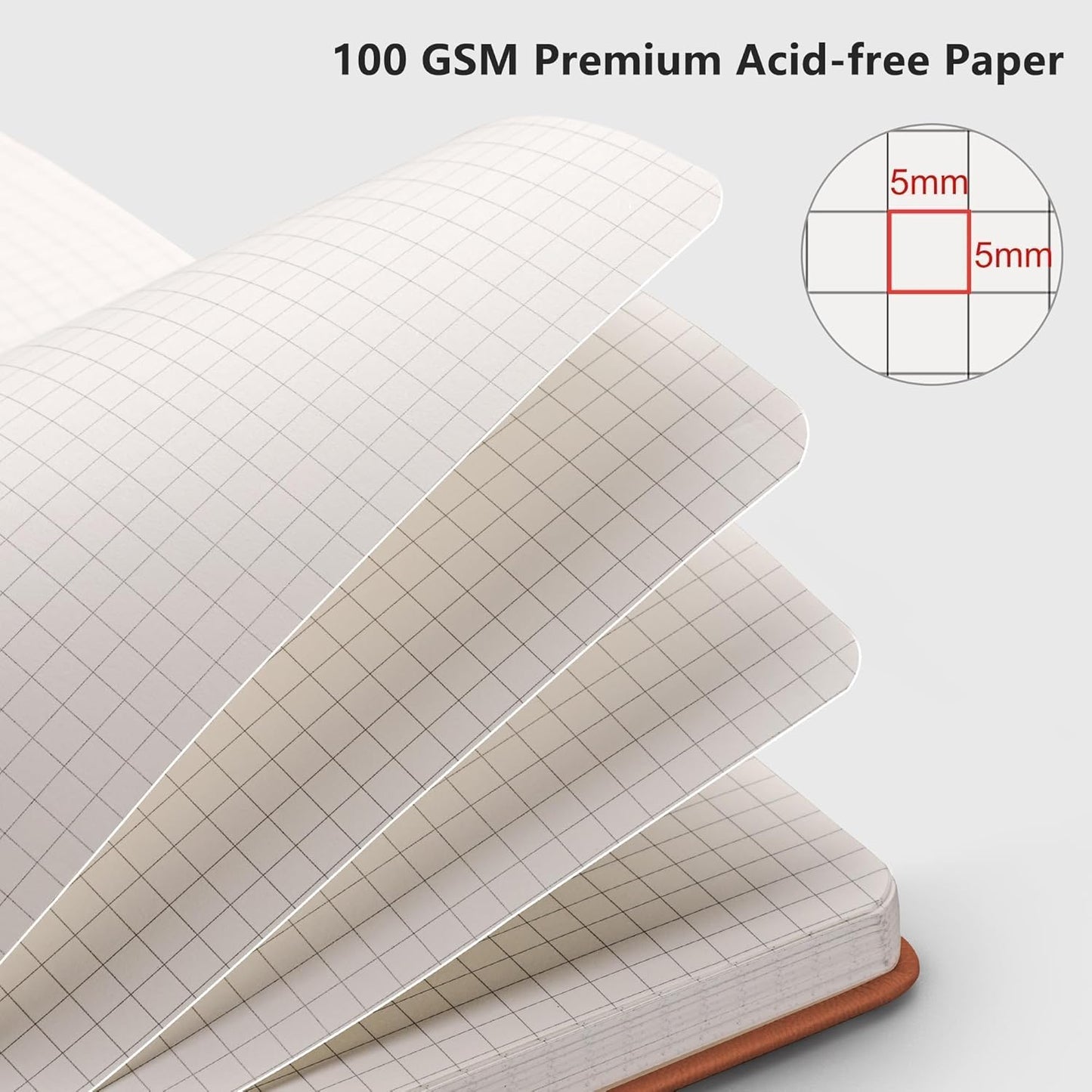 RETTACY Graph Grid Paper Notebook, 192 Pages, A5 Medium Size (5.7'' x 8.3''), 5 Squares per Inch, Leather Hardcover, 100 GSM Thick Paper, for School, Students, Math, Engineering (Brown)