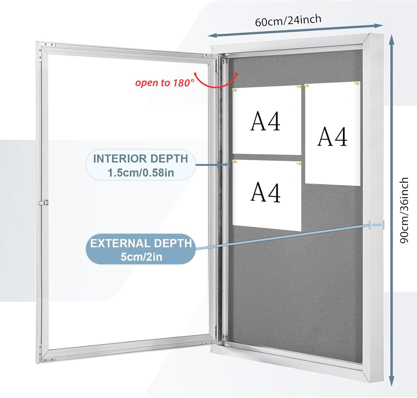 Outdoor Bulletin Board Weatherproof 36x24 in,Enclosed Bulletin Board with Locking Door, Wall Display Case for Office School Home Commercial, Silver Aluminum Frame, Gery Felt