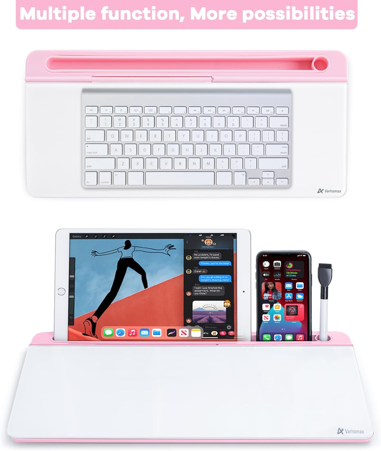 Varhomax Glass Desk Whiteboard with Storage, Desktop Organizer to-do List Memo Notepad Dry Erase White Board for Home Office and School Supplies (Pink)