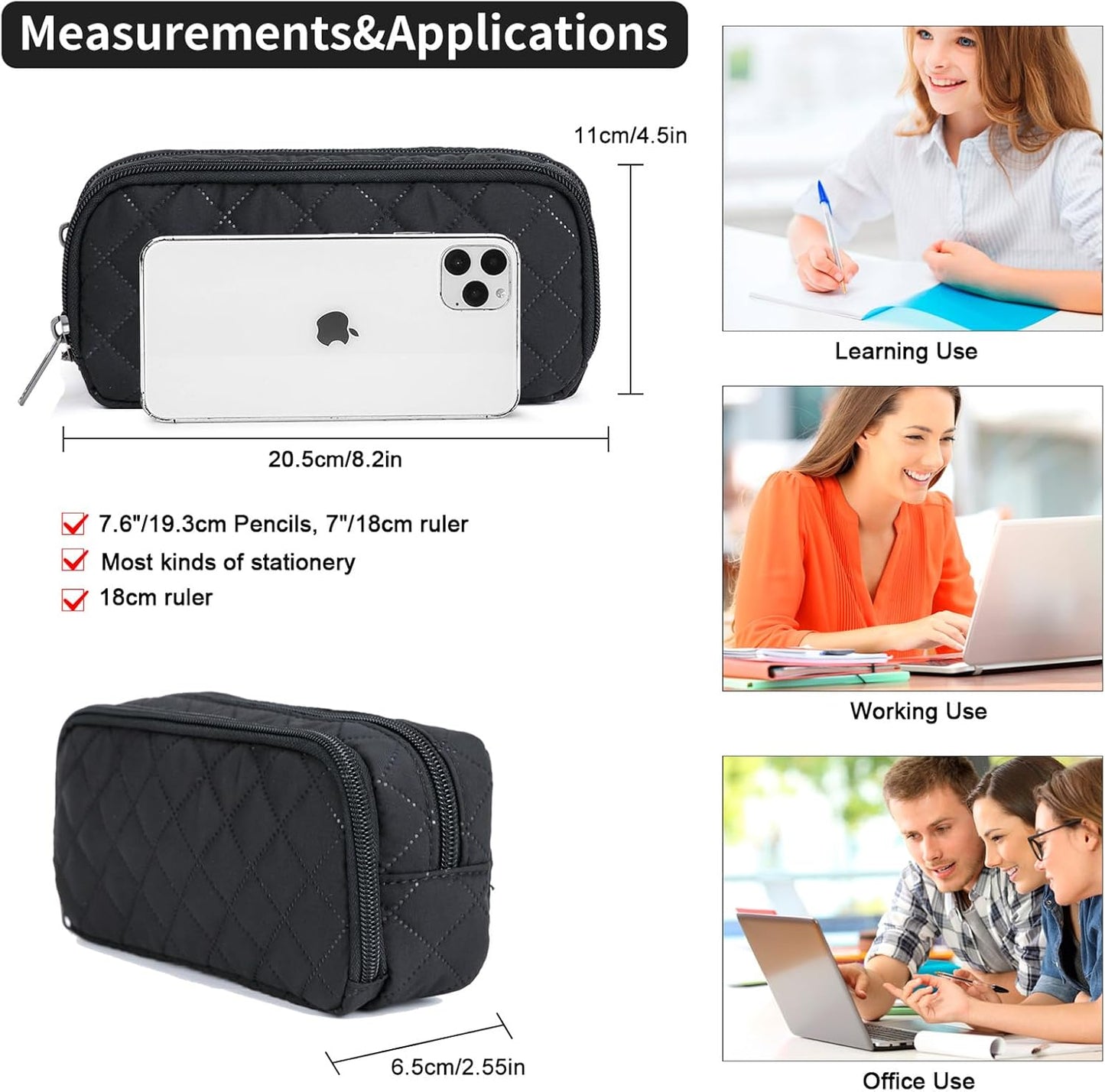 Della Gao Pencil Case Large Capacity Pencil Pouch Soft Quilted Pen Bag Office Stationery Organizer Sturdy Pencil Bag for Men Women - Black