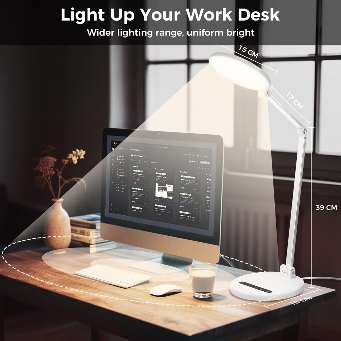 LED Desk Lamp for Home Office, Eye-Caring Desk Light for Video Call, Dimmable 3 Color Temperature 10 Brightness Computer Light, Led Desk Light, Memory & Timer Func, Adjustable Flexible Swing Arm