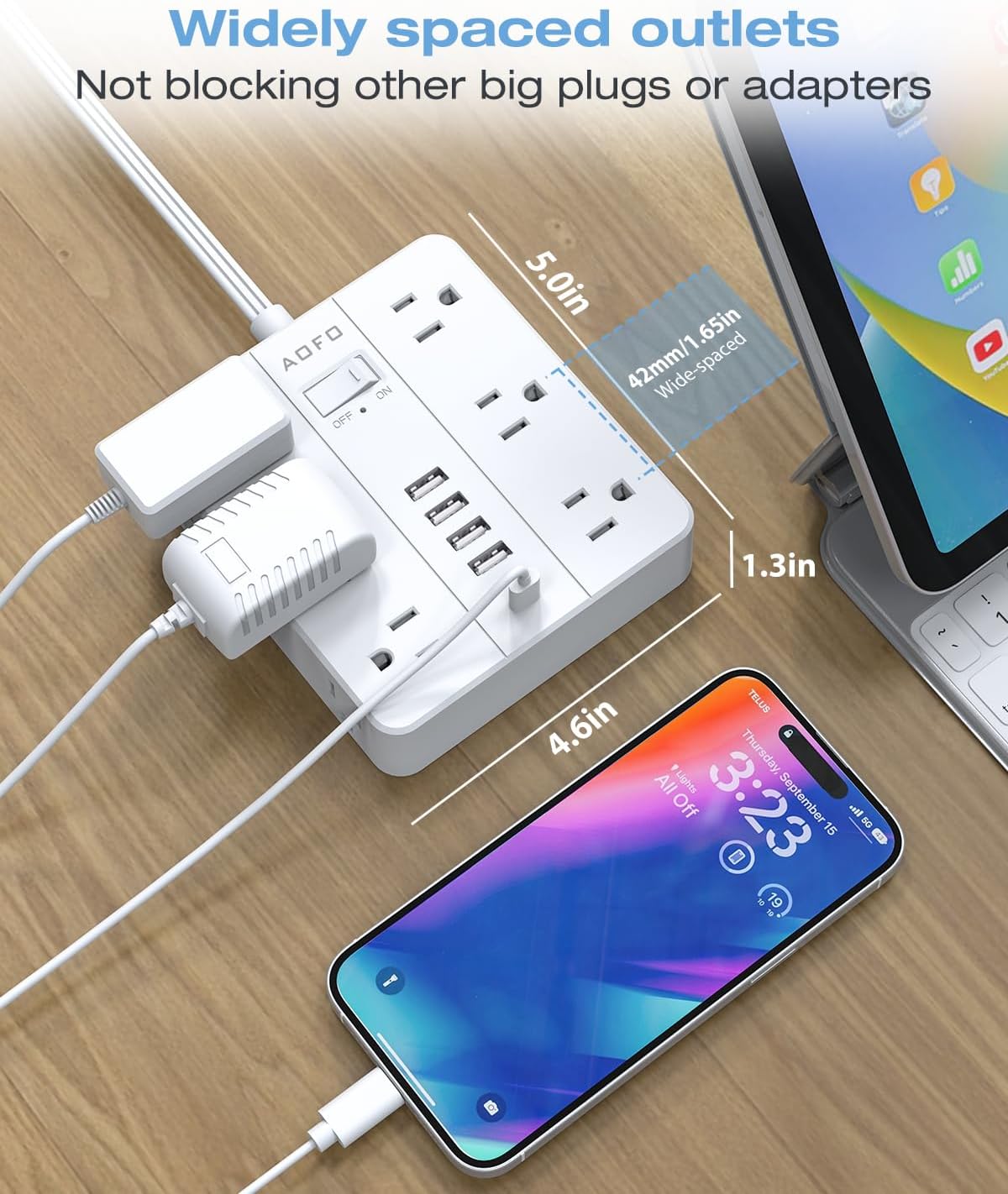 15FT Surge Protector Power Strip,12 AC Outlets with 6 USB Ports (2 USB-C), Flat Plug Extension Cord with Multiple Outlets, Wall Mount for Home Office,Dorm, White