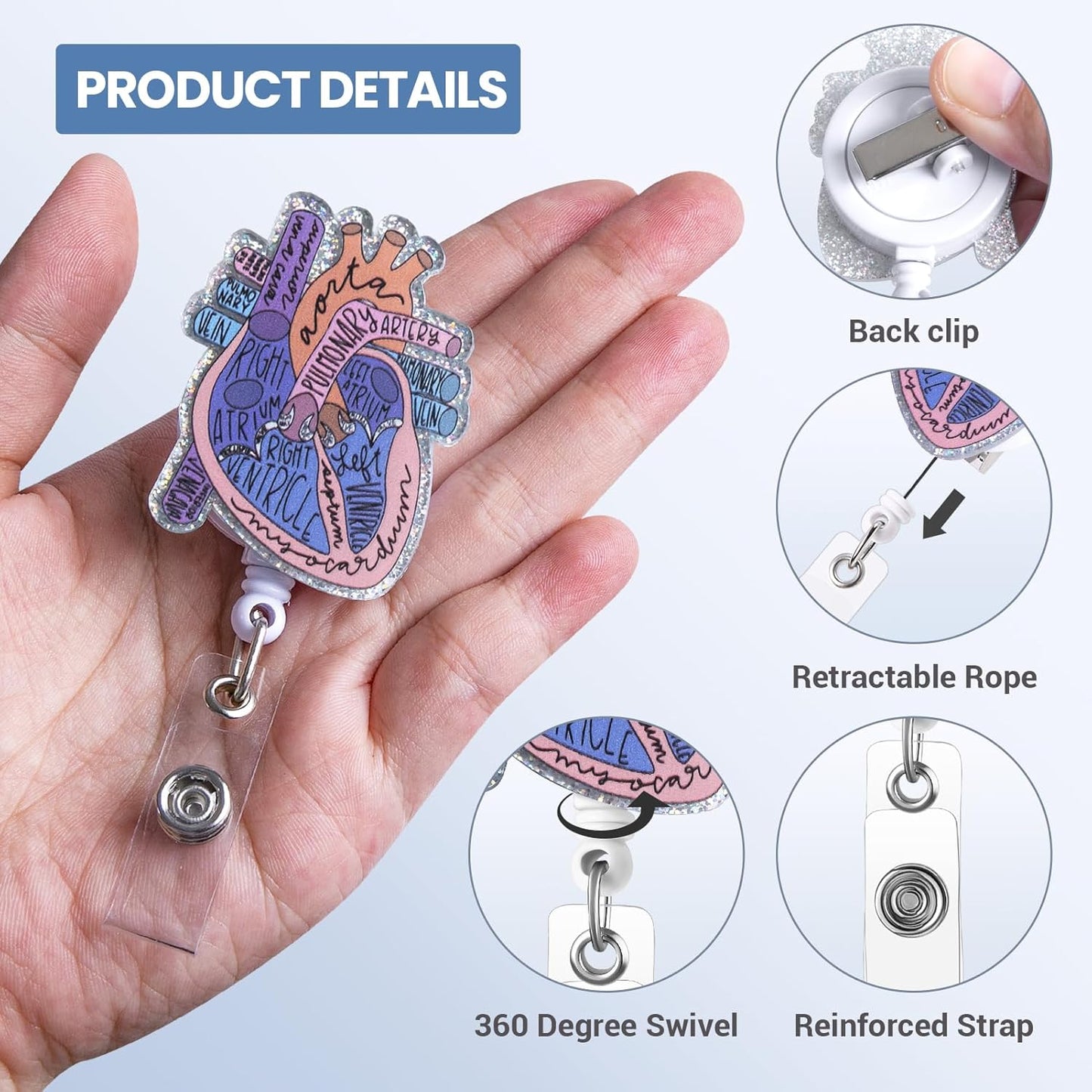 Cardiac Badge Holder Anatomy Funny Nurse Name Tag Holder Heart Retractable Reel ID Card Clip Pediatrics Nursing Badge Clips Medical Assistant for Doctor Student Teacher Office Clinic