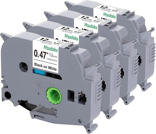 Tze TZ Tape 12mm 0.47 Laminated White Tape Compatible for Brother Label Maker Tape 12mm 1/2" Black on White Tape for Ptouch PT PTD200 PTD410 D210 D220 D610 P710BT PTH110, 4-Pack