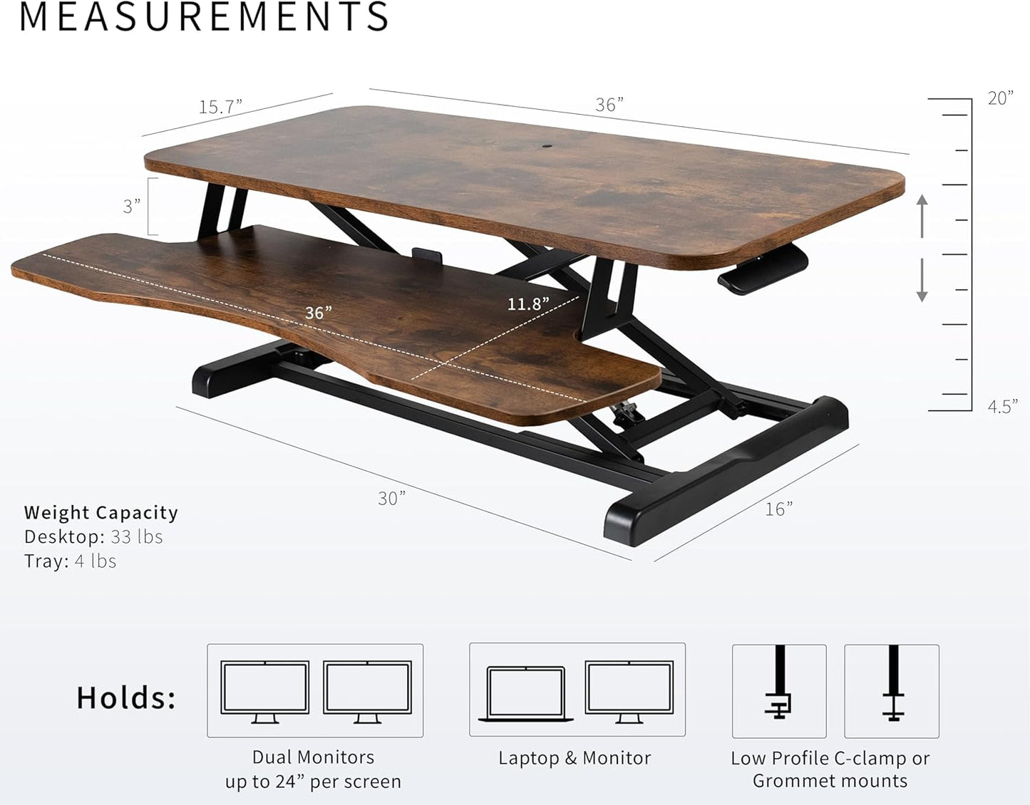 VIVO 36 inch Desk Converter, K Series, Height Adjustable Sit to Stand Riser, Dual Monitor and Laptop Workstation with Wide Keyboard Tray, Rustic Vintage Brown Top, Black Frame, DESK-V036KN