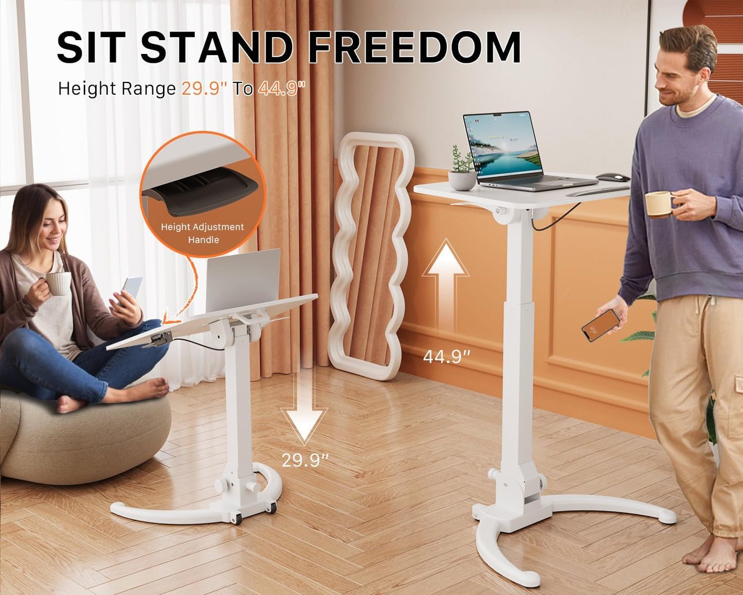 JOY worker Foldable Mobile Standing Desk, Height Adjustable Sit Stand Desk, 90° Tiltable Rolling Laptop Table, Portable Workstation with Wheels Non-Slip Mat for Home Office, Holds Up to 22lbs, White