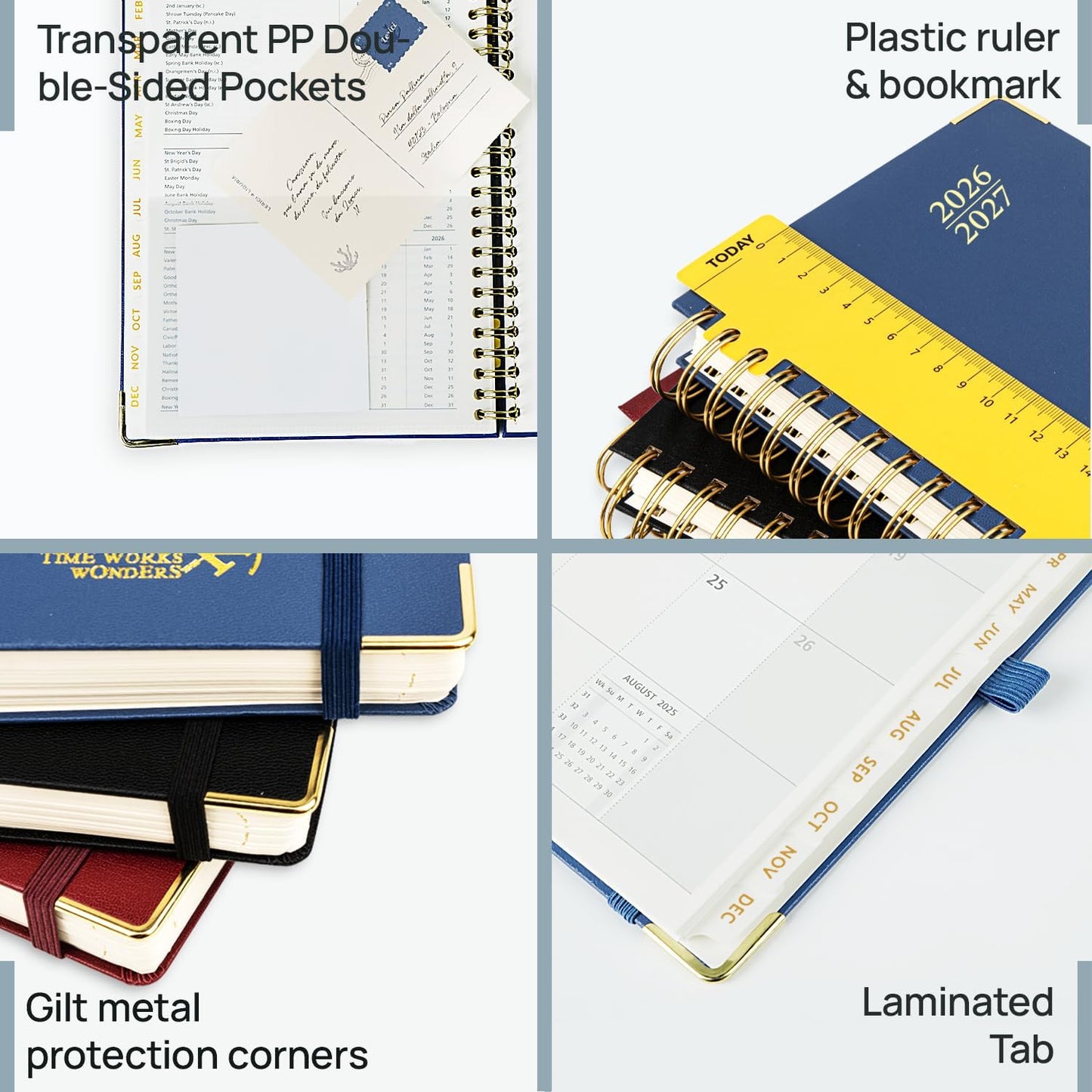 POPRUN Monthly Planner 2026-2027 Spiral Hardcover (6.25'' x 8.5''), 18 Months Calendar (Jan.2026-Jun.2027) - 2 Pages per Month with Dotted Note Pages, Sunday Start, Laminated Tab - Light Yellow