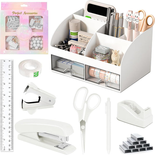 Desk Accessories with Pen Holder, Office Supplies Desk Organizers and Accessories, Tape Dispenser, Stapler, Staple Remover, Staples, Clips Set, Ruler, Scissor, Pen, Tape (White)