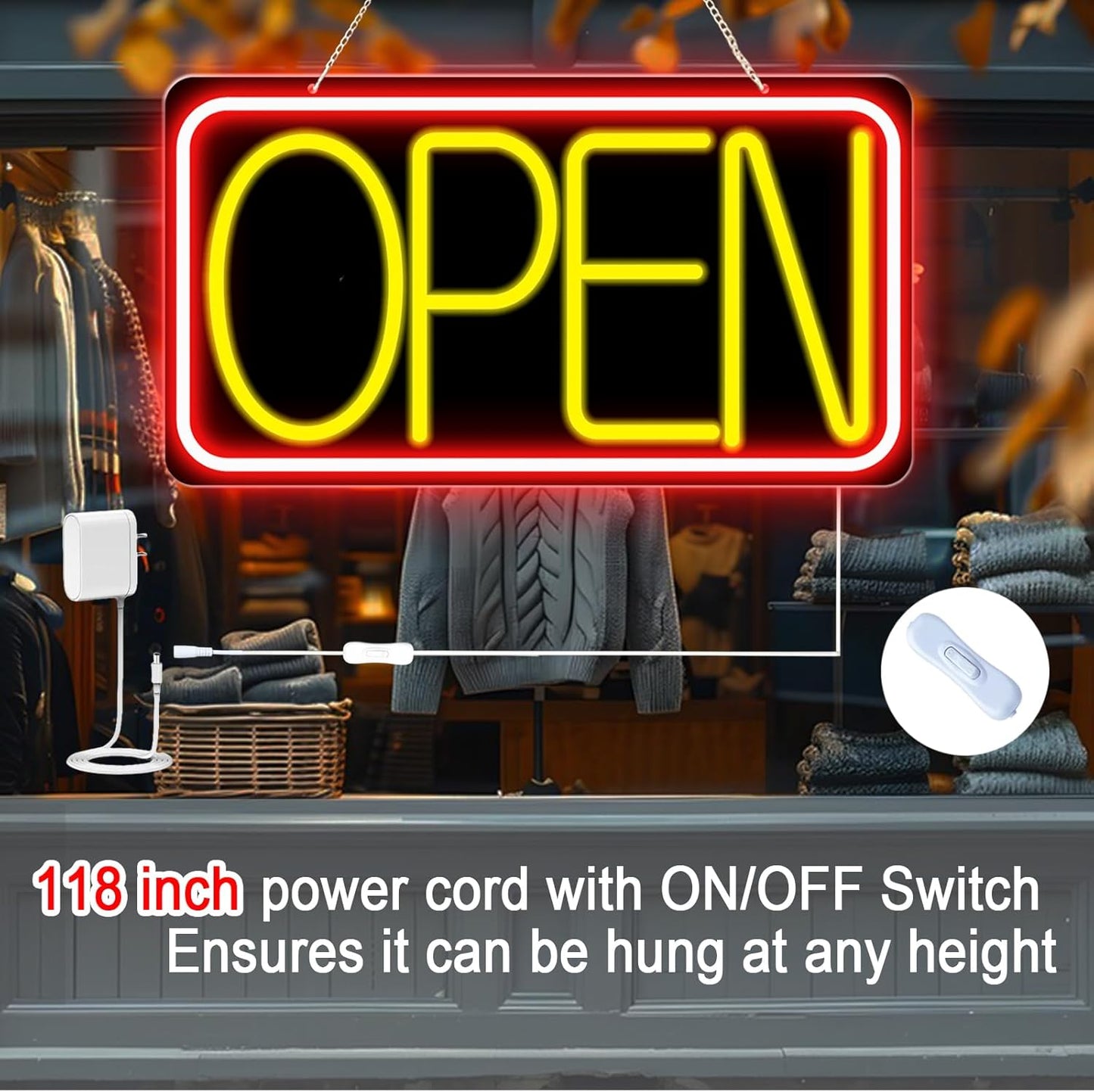 16.5" X 9" Led Neon Open Signs for Business Ultra Bright Plug In Electric Light Up Open Signs with ON/OFF Switch and 12V/2A AC Adapter for Storefront Window Bar Salon Coffee Stores (Red/Yellow)