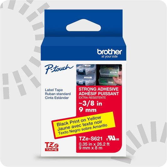 Brother Genuine P-Touch TZe Black Print on Yellow Label Tape (TZeS621), Strong Adhesive Laminated,3/8in x 26.2ft (9mm x 8m), for Select P-Touch Label Makers, Water-Resistant, Extra Strength