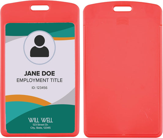 Will Well Vertical Sliding Badge Holder for Lanyards - Hard ABS Plastic 4.13" x 3.3" Protector Fits Up to 2 Standard-Sized Cards, Lightweight Secure Quick-Access Slide Cover Design - 6-Pack, Red