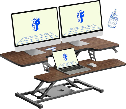 FLXISPOT 42" Standing Desk Converter Sit to Stand up Riser Height Adjustable Monitor and Laptop Workstation with Spacious 2-Tier Desktop, Walnut Color