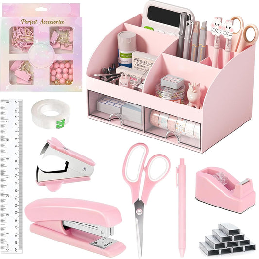 Pink Desk Accessories with Pen Holder, Pink Office Supplies Desk Organizers and Accessories for women, Tape Dispenser, Stapler, Staple Remover, Staples, Clips Set, Ruler, Scissor, Pen, Tape