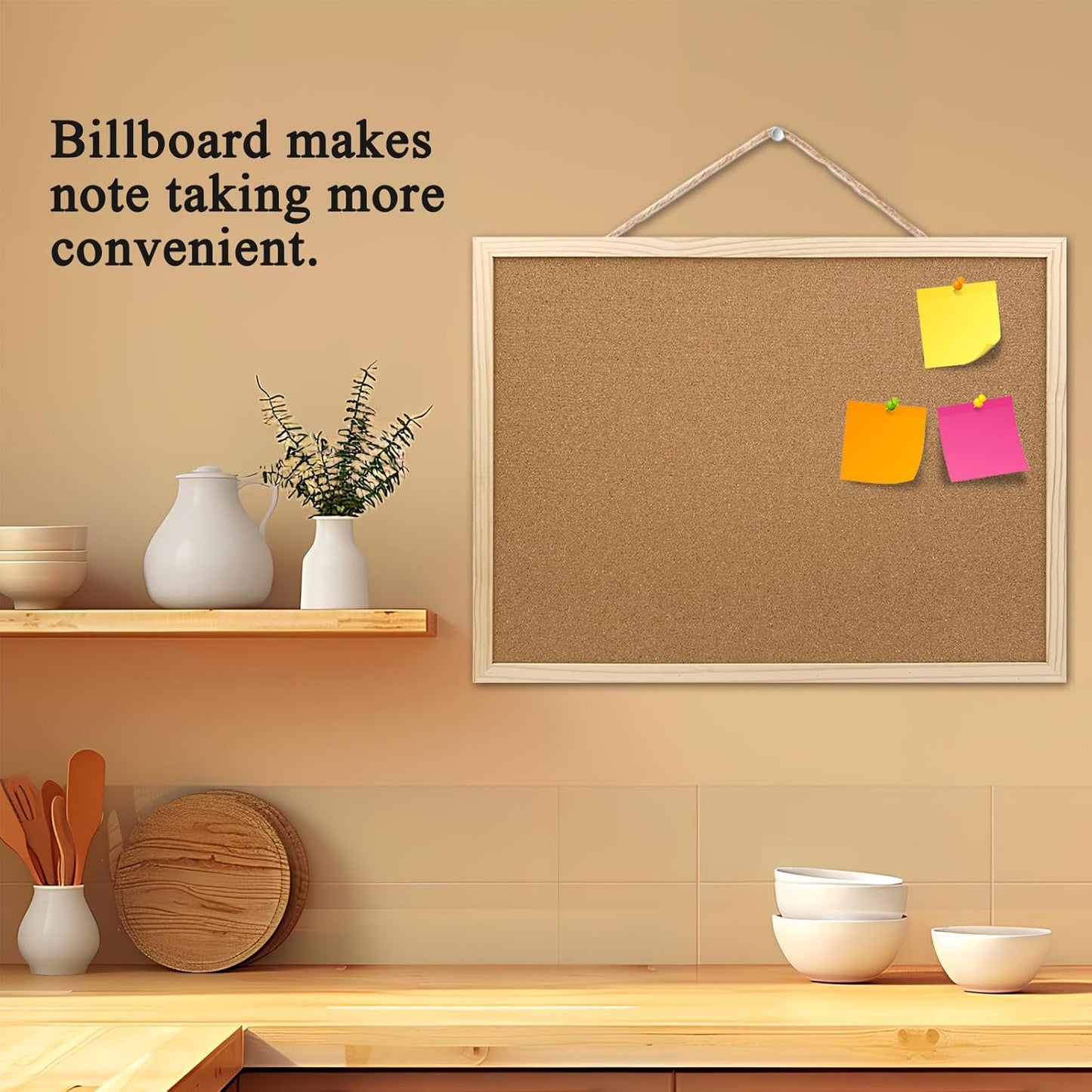 Cork Bulletin Board, 17.7X 13.3 Inches with Oak Wood Finish Frame, Wall Mounted for Office Home and School(Pins, Eye Bolts, gaskets, Screws)