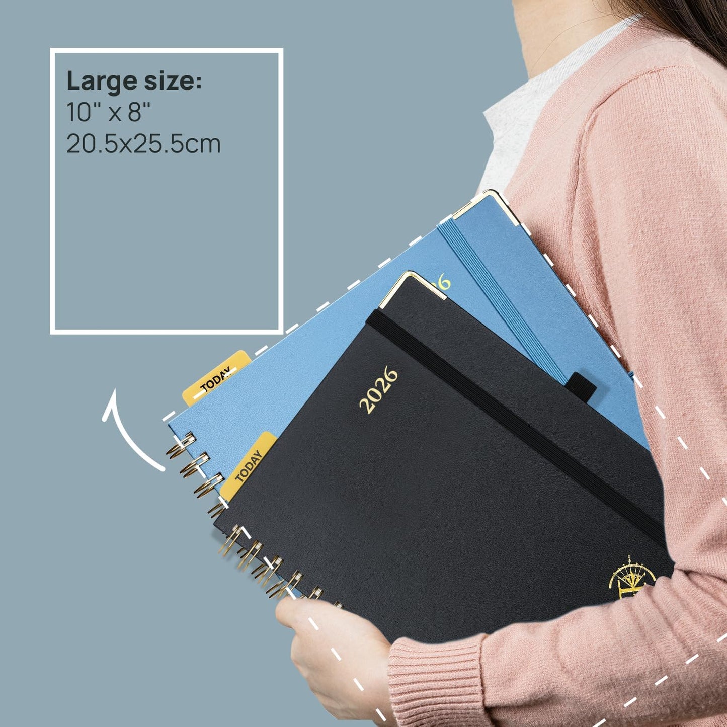 POPRUN 2026 Planner (Large Size 10'' x 8'' Wire-Bound Hard Cover) Daily Weekly and Monthly Calendar - Agenda 2026 (Jan.2026-Dec.2026) with Hourly Schedule, Monthly Tabs - Light Pink