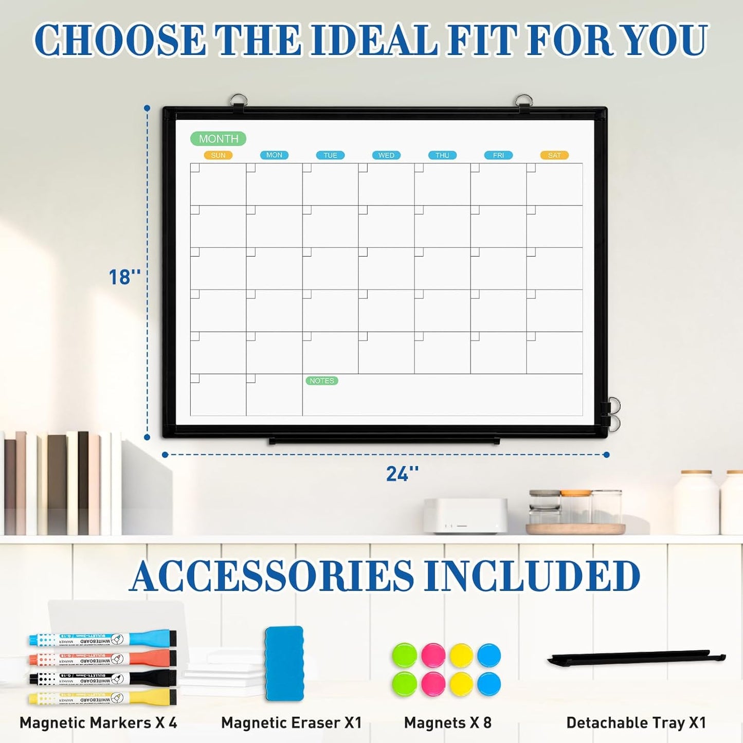 WALGLASS Dry Erase Calendar Whiteboard for Wall, 24" x 18" Double-Sided Monthly Calendar White Board with Black Aluminum Frame, Hanging or Wall Mount Dry Erase Whiteboard for Home, Office, School