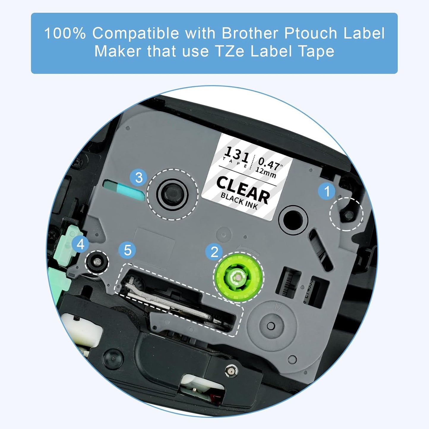 Absonic 6-Pack 12mm 0.47 Laminated Clear Tape Compatible for Brother TZe-131 TZe131 Label Tape 1/2 Tze Label Tape for Brother Ptouch PT-D210 PT-D220 PT-H111 PT-H100 PT-D400 Label Maker, Black on Clear