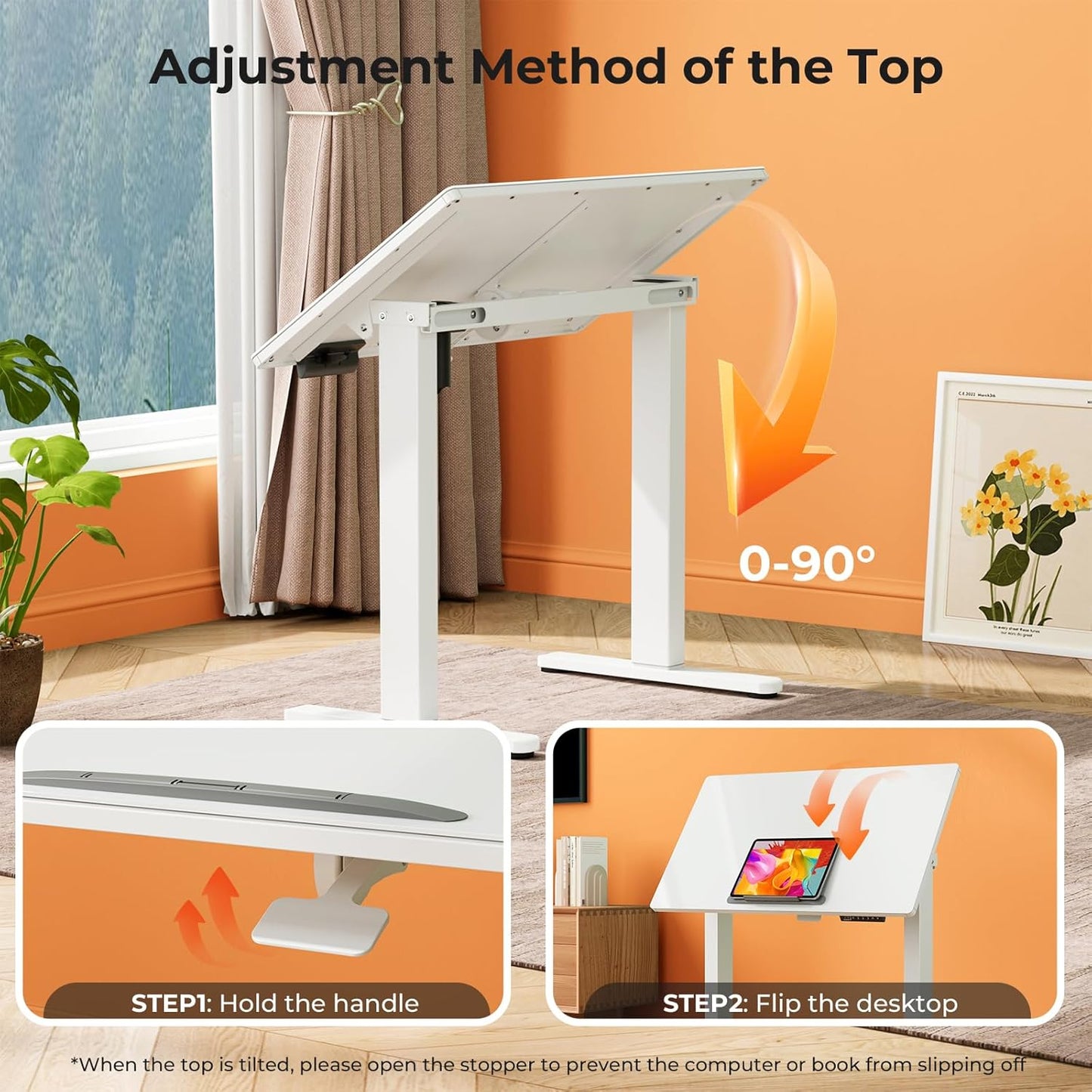 35inch Glass Standing Desk，90° Tiltable Mobile Rising Desk Height Adjustable，Whole Piece Rolling Sit Stand Table with Wheels，Foldable Small Laptop Desk，White