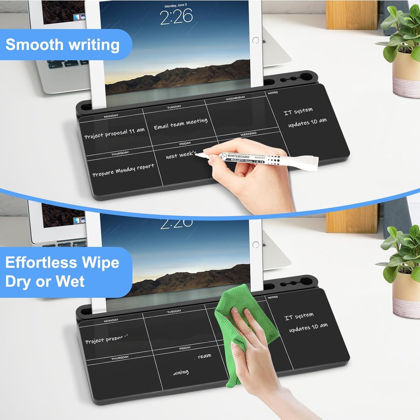 Desktop Glass Whiteboard with Storage, Weekly Calendar Desk Dry Erase White Board, Desk Organizers and Accessories, Weekly Planner Board for List, Planning, Memo, Note, Office, Home, College, School