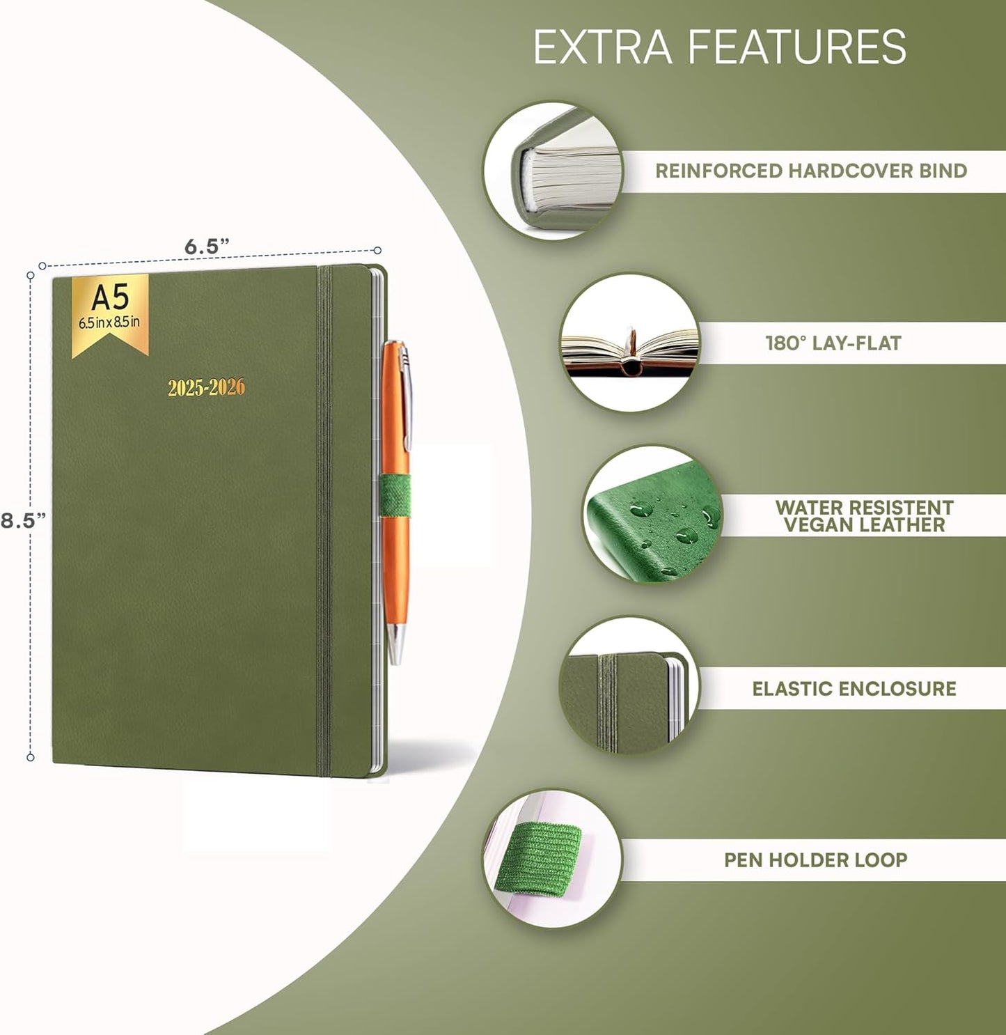 Ensight 2025-2026 HARDCOVER Leather Planner Weekly & Monthly - 6.5x8.5 Inches - Academic Planner Business Personal or Student - Pen Holder, Thick Paper, July 2025 - June 2026 (Olive Green)