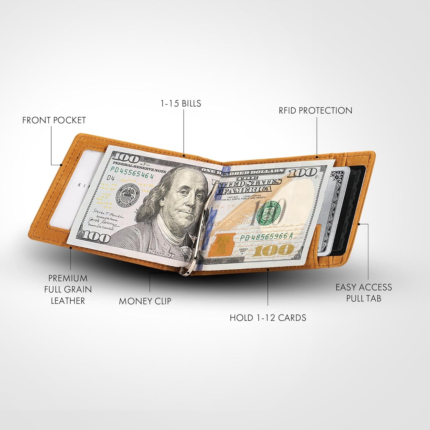 Kings Loot Money Clip Slim Minimalist Wallet for Men – RFID Blocking Leather Design with Money Clip – Front Pocket Bifold Holds 12 Cards – Stylish & Compact Wallets (Buckskin)