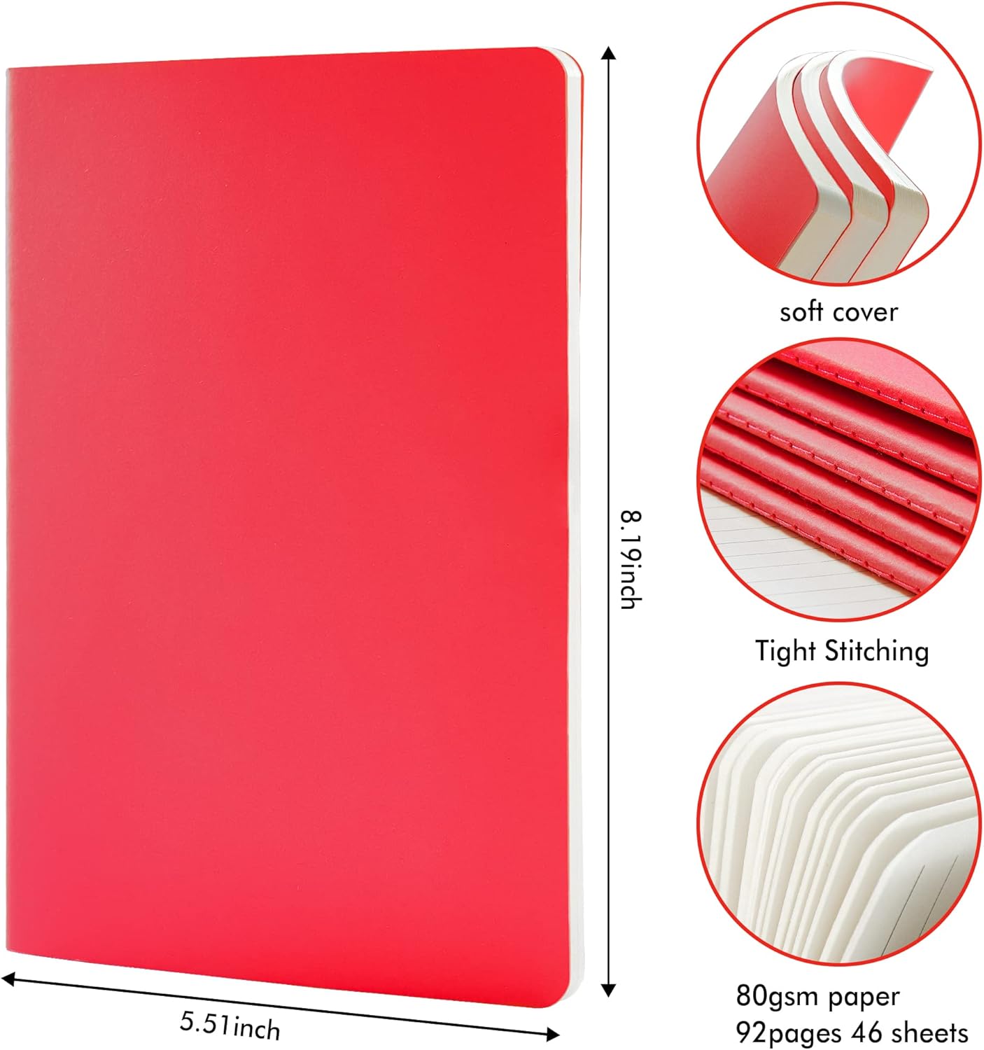 feela 8 Pack Soft Cover Journal Bulk, Notebooks College Ruled for Work, Lined Travel Journal for Women Men, Note Taking Notebook School Supplies Business Writing, 8.2” x 5.5”, A5, Red