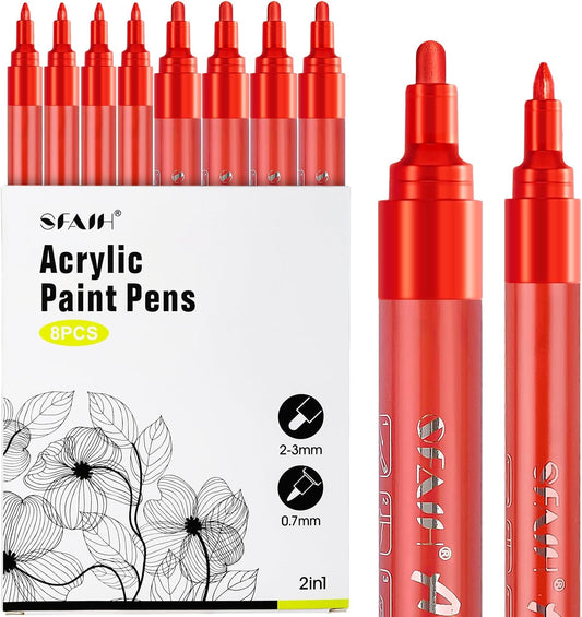 SFAIH Acrylic Red Paint Pens - 8 Pack 2-3MM Medium Tip & 0.7MM Extra Fine White Paint Marker for Rock Painting, Wood, Metal, Fabric, Canvas, Glass, Ceramic, Diy Crafts