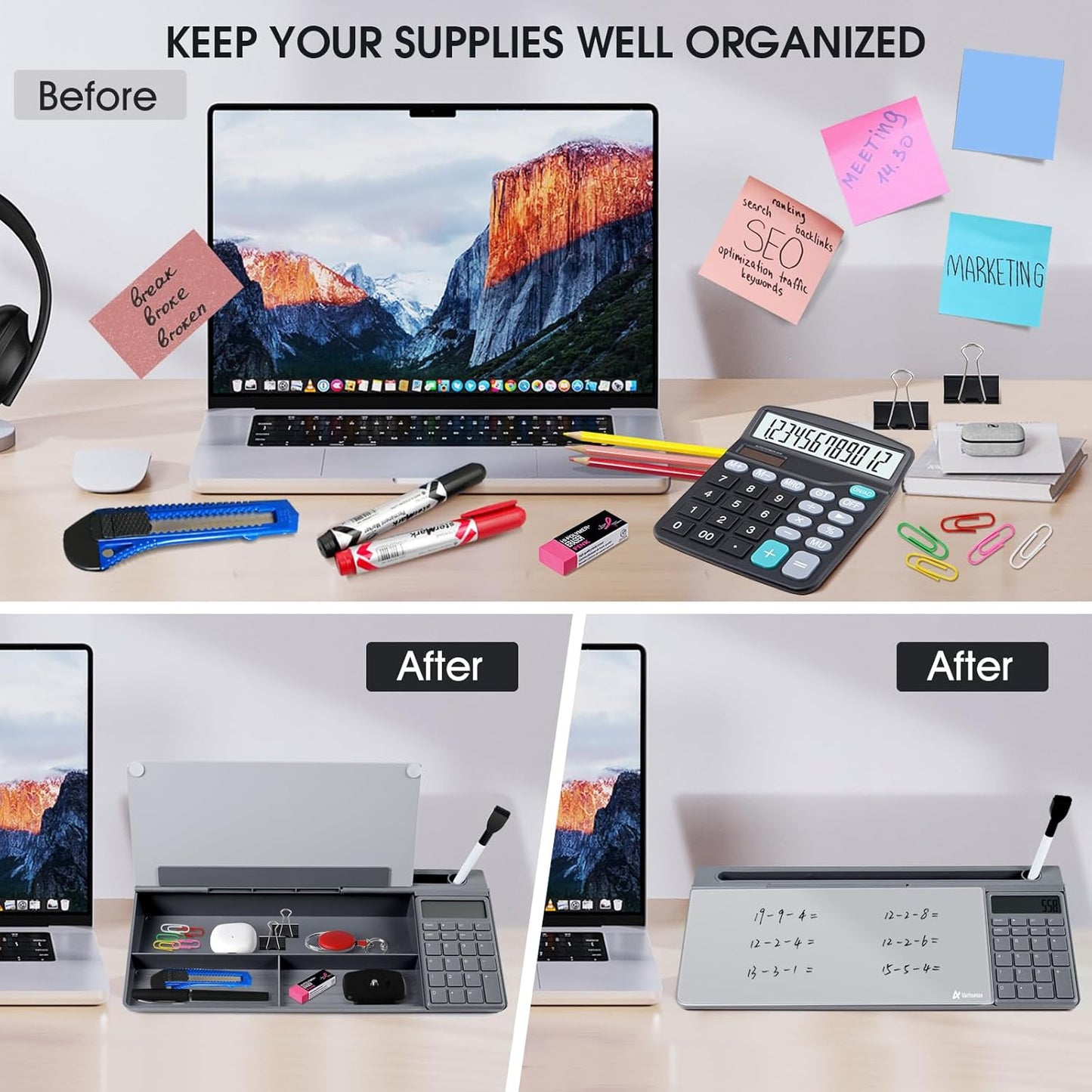 Varhomax Glass Desk Whiteboard Gray with Calculator, Desktop Organizer Dry Erase White Board with Storage, to Do List Memo Notepad for Home Office and School Supplies