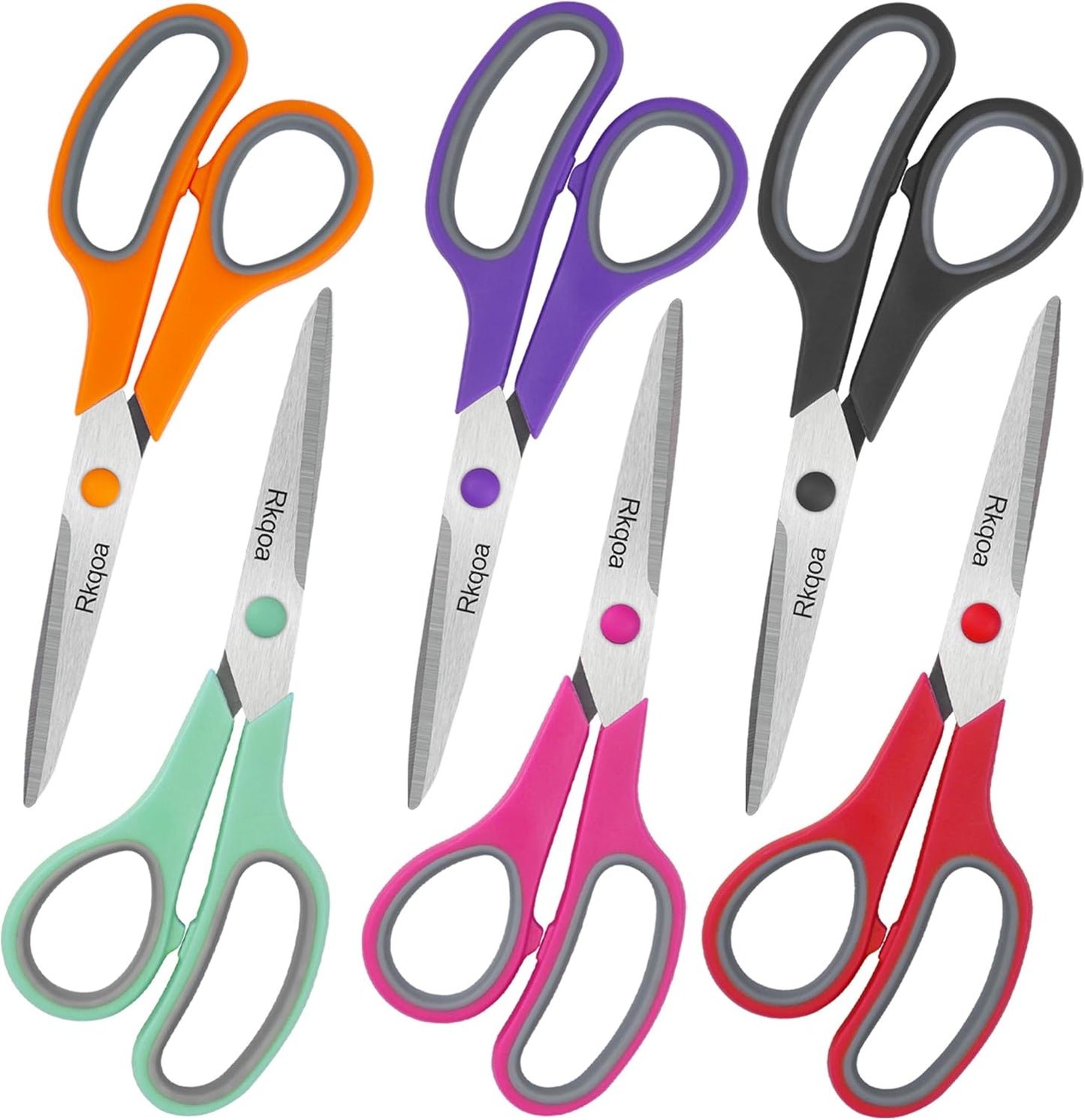 Scissors, Rkqoa 8" Adult Scissors All Purpose 6 Pack - Comfort-Grip Sharp Shears for Office School Sewing Fabric Craft Art Supplies, Teacher/Class Everyday Use, Right/Left Handles