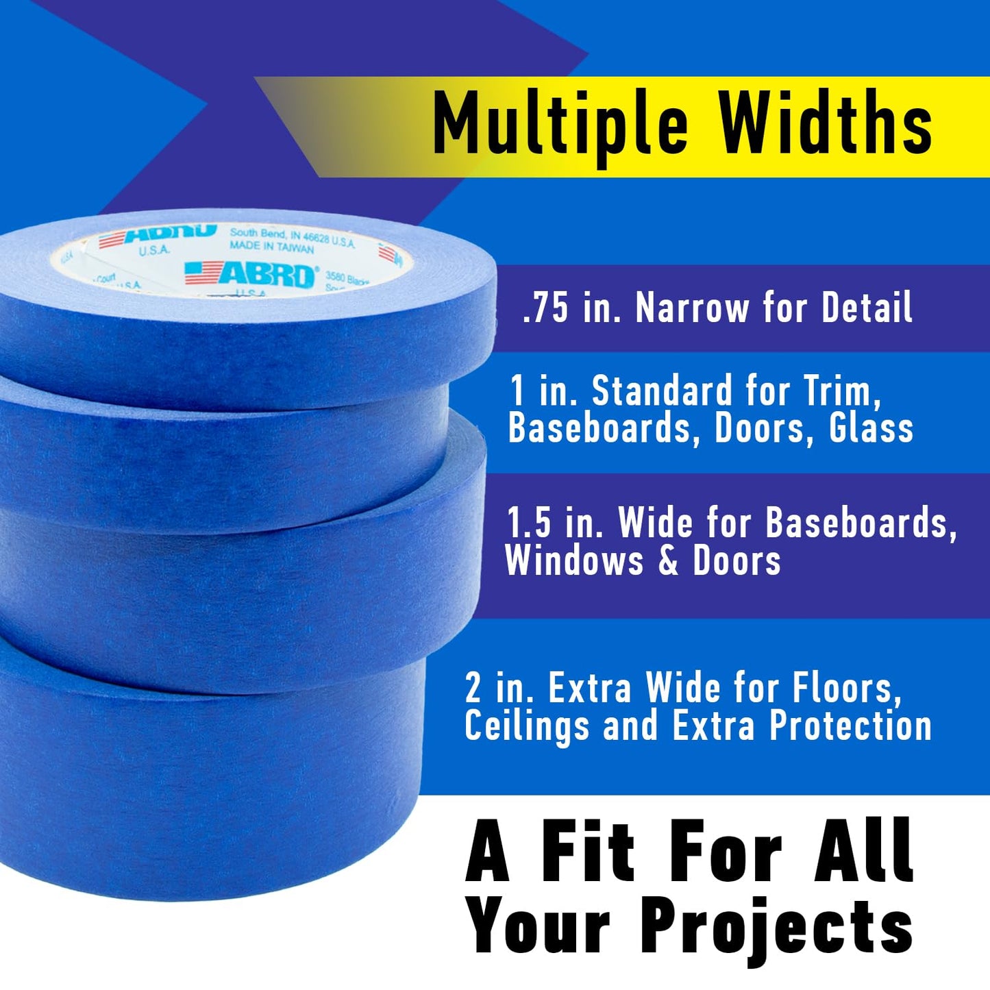ABRO Blue Painters Tape 2 Inch Wide, 48mm x 55M, All Purpose Blue Tape, Temporary Labeling, Easy Tear, Clean Removal, Masking Tape Colored DIY or Pro - 3 Pack
