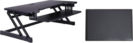 Rocelco 37.5" Deluxe Height Adjustable Standing Desk Converter with Anti Fatigue Mat BUNDLE - Quick Sit Stand Up Computer Workstation Riser - Large Retractable Keyboard Tray - Black (R DADRB-MAFM)
