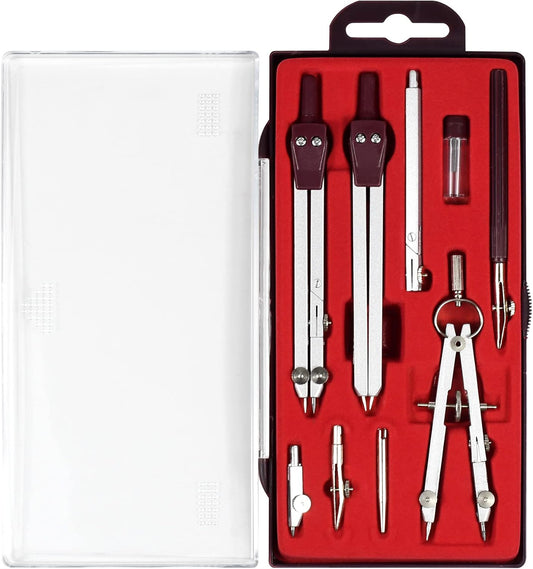 Drawing 9Pc Geometry Set Metal Compass, Geometry Precision Tool for Student, Circle Drawing Tool and Architecture, Drafting Kits for Engineer with Shatterproof Storage Box (Red)