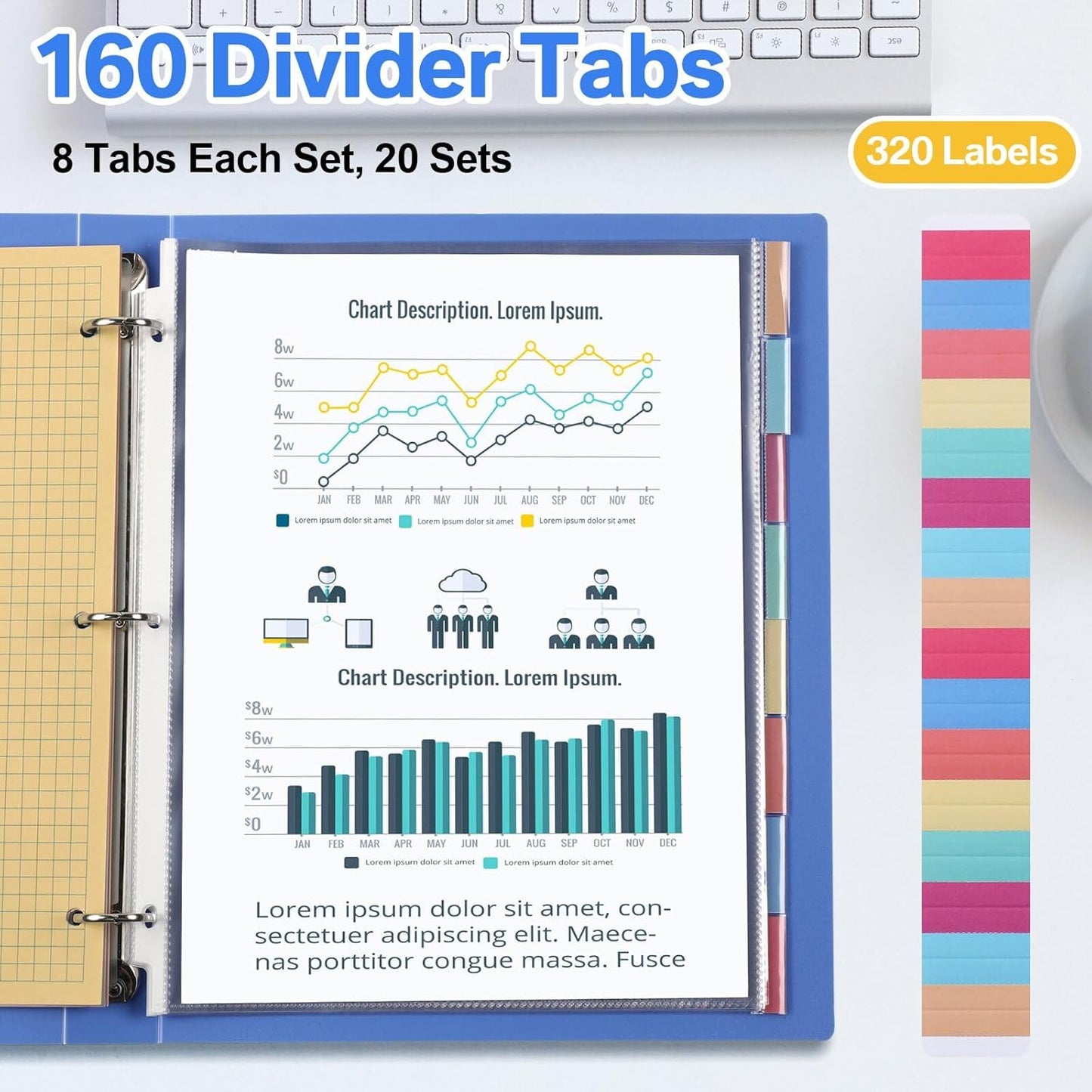 ReliThick 12 Set of 96 Pack Clear Sheet Protectors 8.5 x 11 Inch Page Protector for 3 Ring Binder with 8 Tabs Plastic Dividers for 3 Ring Binder, Insertable Index Page Divider Multicolor Tabs