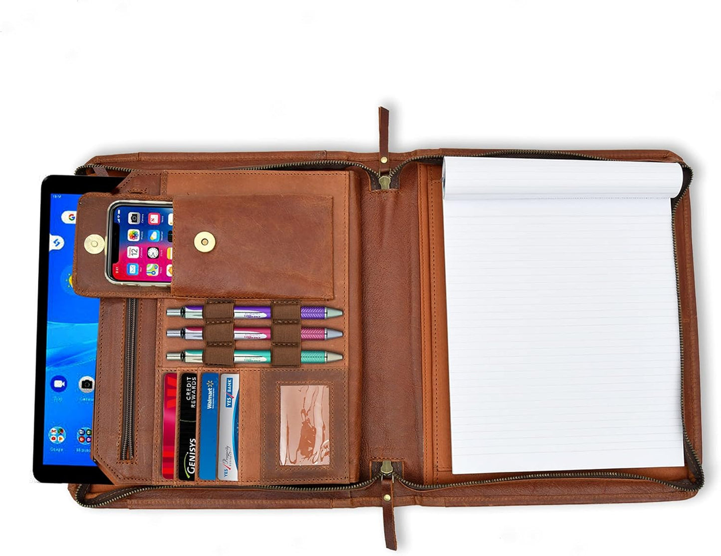 Full Grain Leather Business Portfolio Padfolio Document Organizer with Writing Pad Resume Professional Interview Zipper Writing Notepad Folder for Women Men Cognac