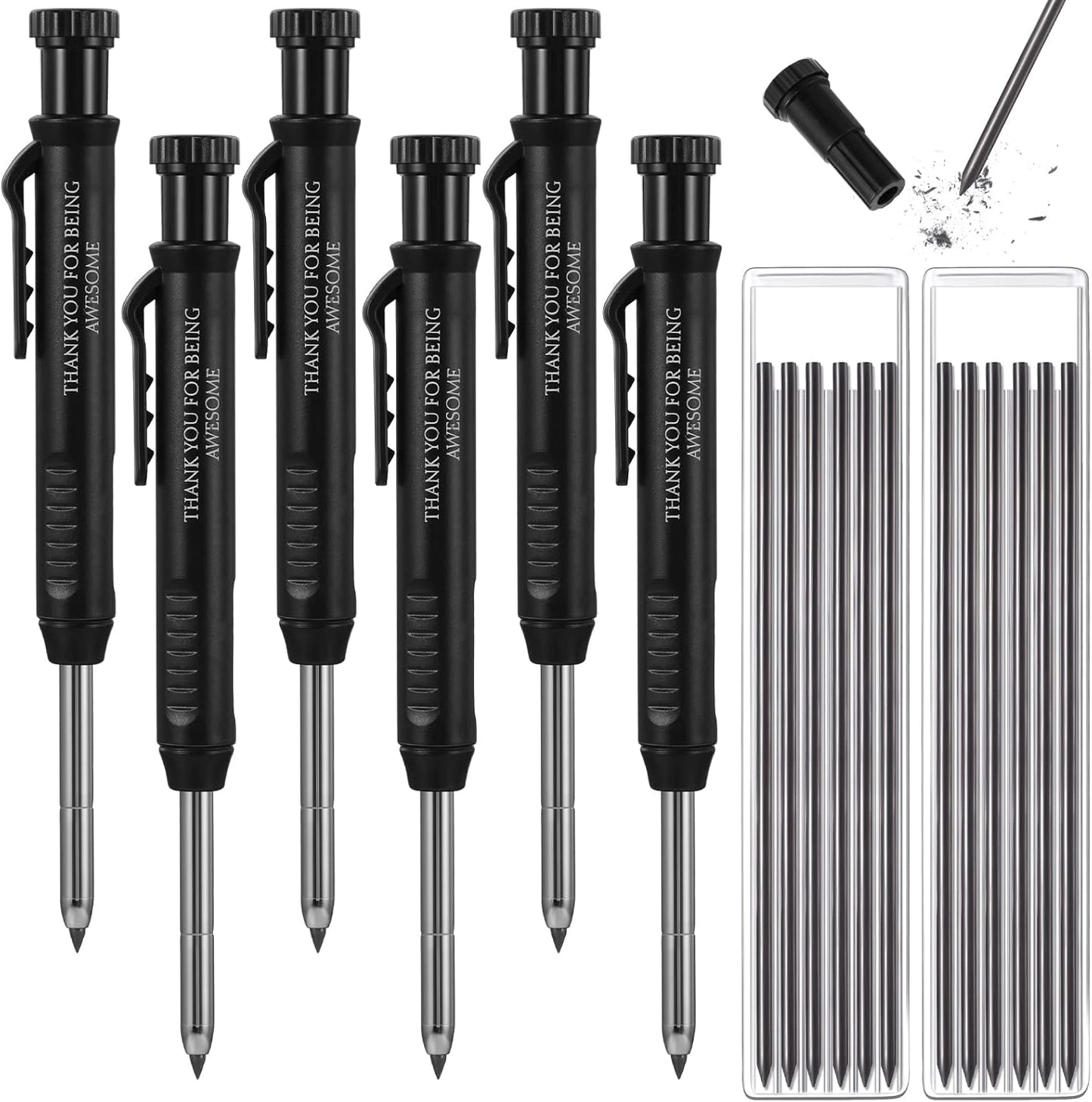 Colarr 10 Pcs Mechanical Carpenter Pencil with 60 Refill Deep Hole Mechanical Pencil Marker with Sharpener Black Solid for Carpentry Architect Birthday Thanksgiving Gift