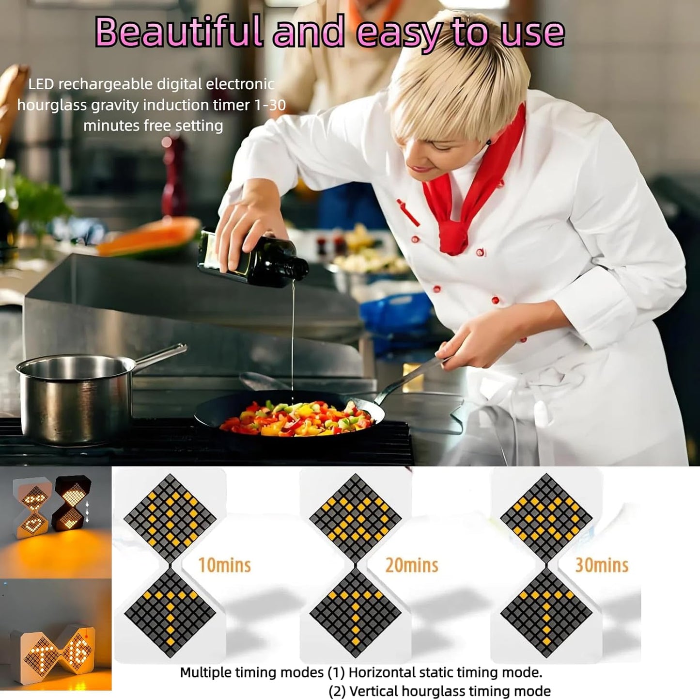 Digital Hourglass 1-30 Minute Freely Adjustable Gravity Timer Dynamic Flow Cube Led Night Light Hourglass Timer for Classroom Home Office Cooking (White, Red Light Source)