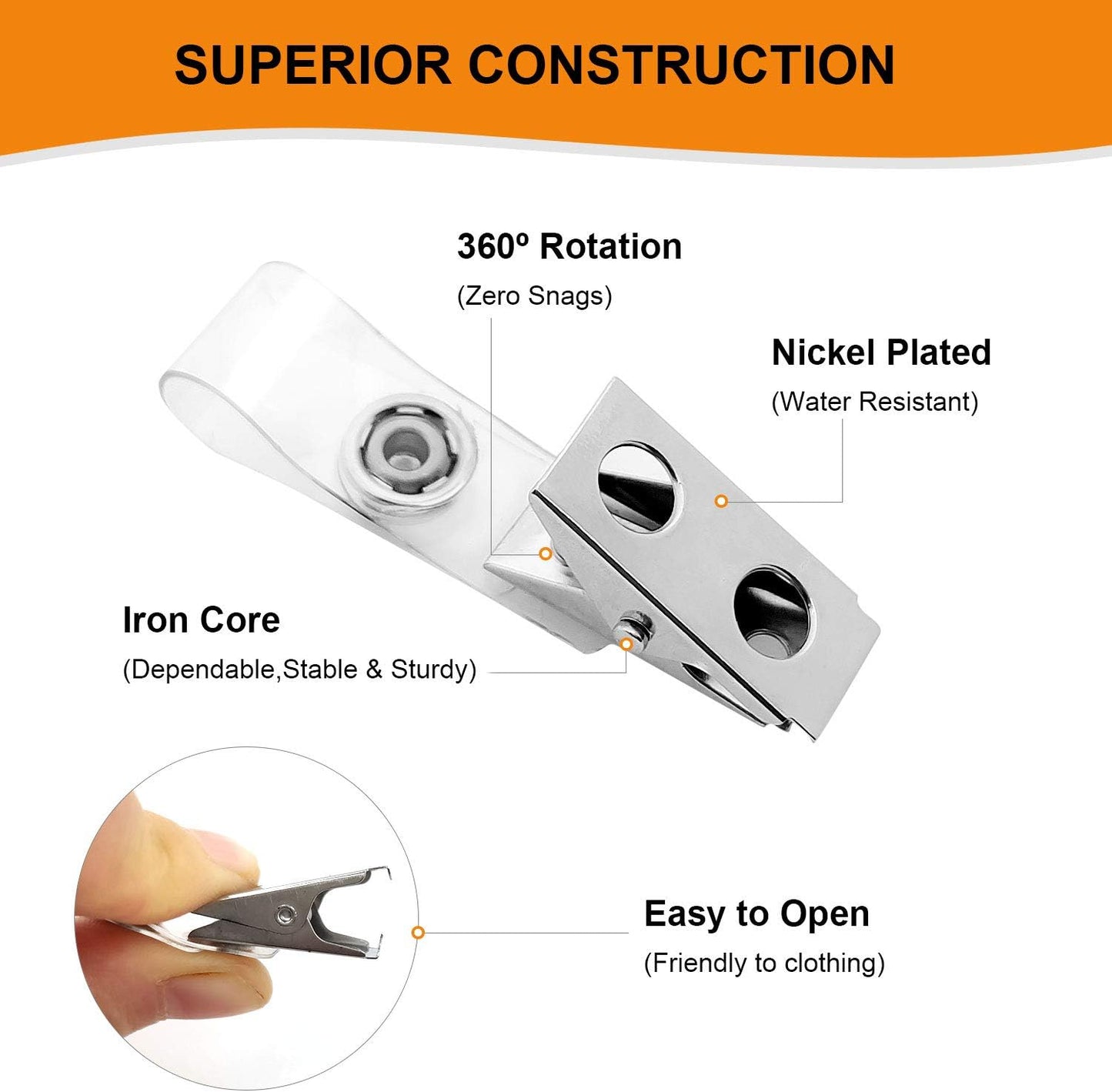 Fushing 250Pcs Metal Badge Clips with Clear PVC Straps for ID Cards and Badge Holders