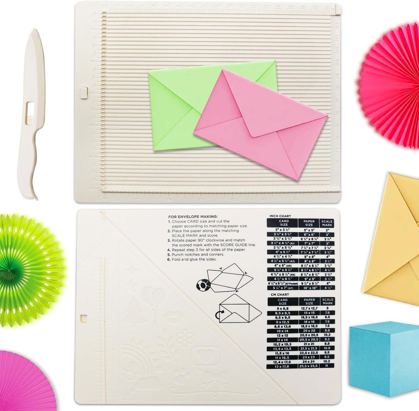 Scoring Board, Envelope Maker, Envelope Punch Board, Scoring Tool, Small Score Board for Paper Crafts, Multi-Purpose Scoring Board for Card Making, Mini Envelope Making and Gift Box Making