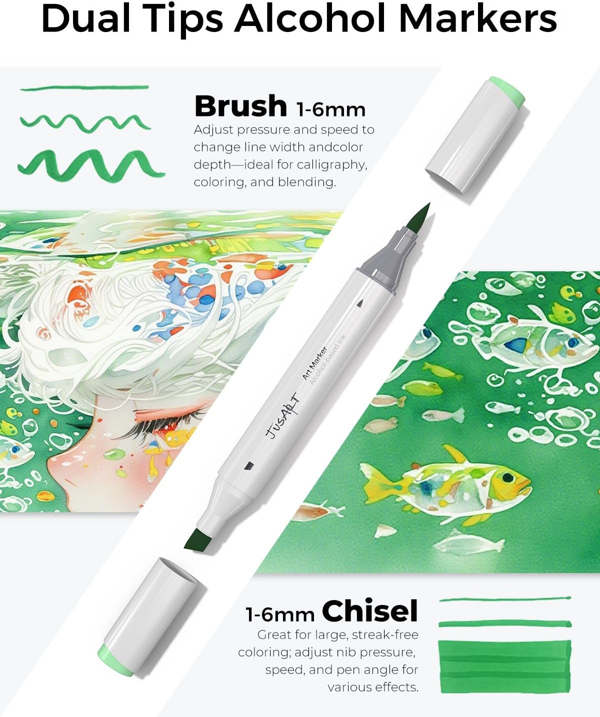 JusArt Alcohol Brush Markers, 48 Colors Dual Tip Art Markers with Brush & Chisel, Alcohol Based Marker Set for Adult Coloring Books, Drawing, Illustration, Sketching, No Bleed Ink Art Supplies
