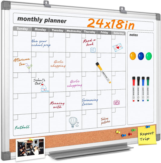 MAKELLO Dry Erase Calendar for Wall 24x18 in, Whiteboard Calendard with Cork Board for Office, Home, School, Family, Kitchen and Bedroom