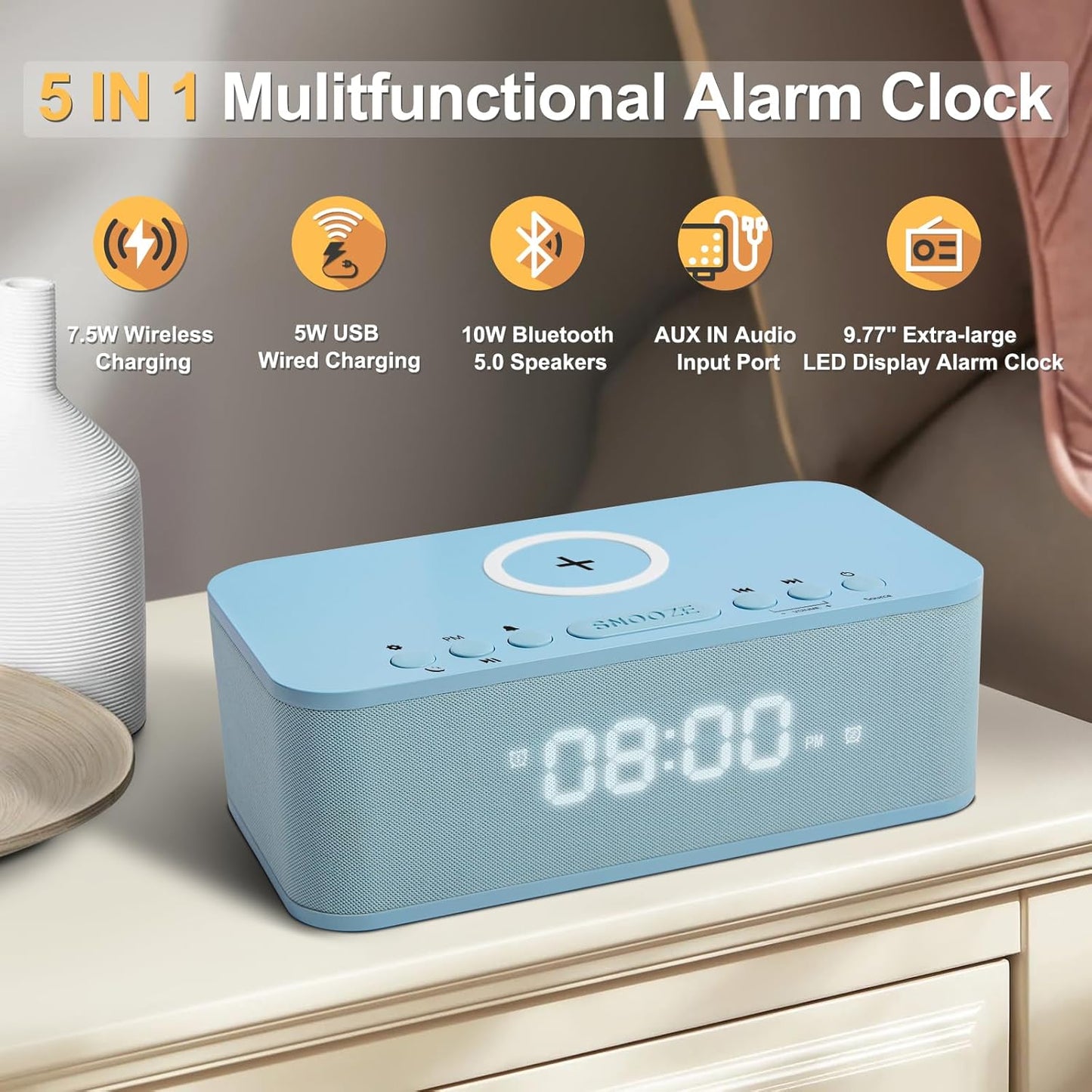 Alarm Clocks Large Snooze Button, Digital Clock USB Charger Port, Bluetooth Speaker Alarm Clock Bedroom AUX USB Bluetooth Speaker Wireless Charging 12/24H Dual Alarms Snooze Dimmer Sleep Timer, Blue