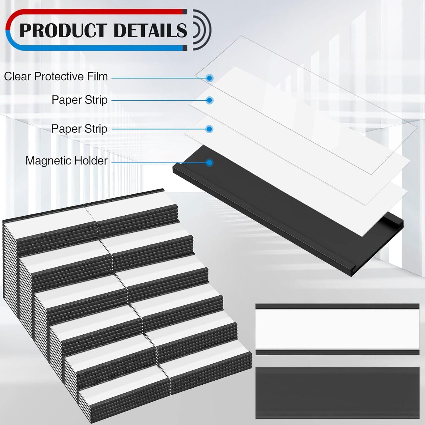 300 Pieces Magnetic Label Holders Channel Labels Racks Magnetic Card Holders with Protective Films and Replacement Strips for Metal Shelf, Filing Cabinet, Mailbox, Whiteboard (1 x 3 Inch)