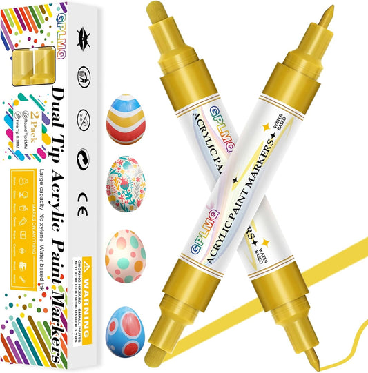 Paint Markers Paint Pens - 2 Pack Dual Tip Acrylic Permanent Marker (0.7mm & 3mm), Non-Toxic, Water-Based for Art Painting, Stone, Ceramic, Glass, Wood, Fabric, Metal, DIY Crafts (Gold)