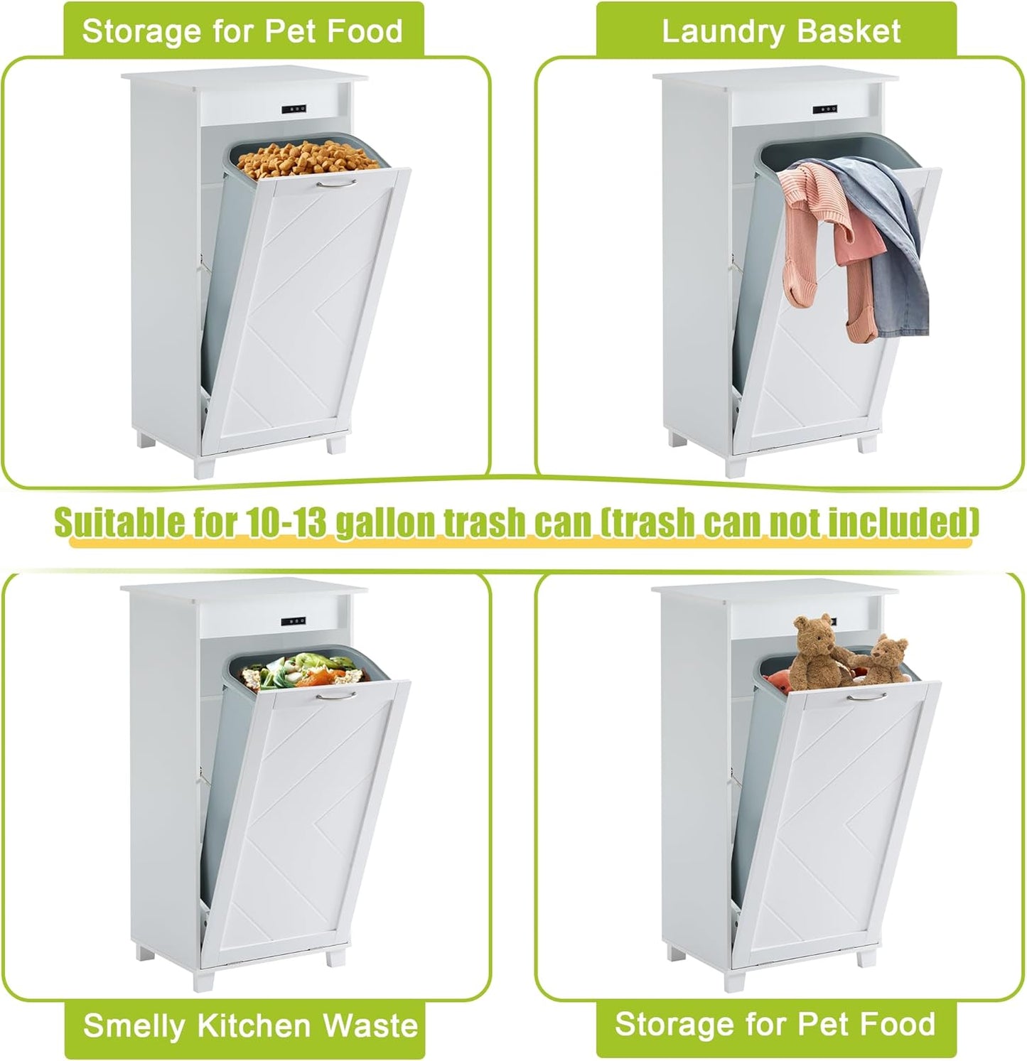 VECELO Tilt Out Kitchen Trash Bin Cabinet, Dog Proof Garbage Can with Wood Holder Free Standing Recycling, White