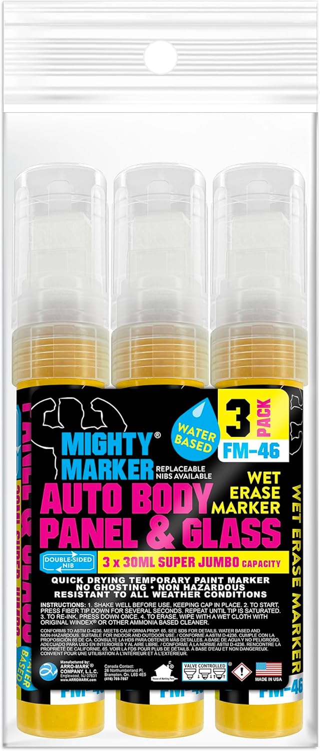 FM-46 Auto Body and Glass Super Jumbo Paint Marker, No-Ghost Formula, Water-Resistant, Valve Action, Removable, Water-Based, 30ml Capacity, Made in USA, Yellow 3 Pack