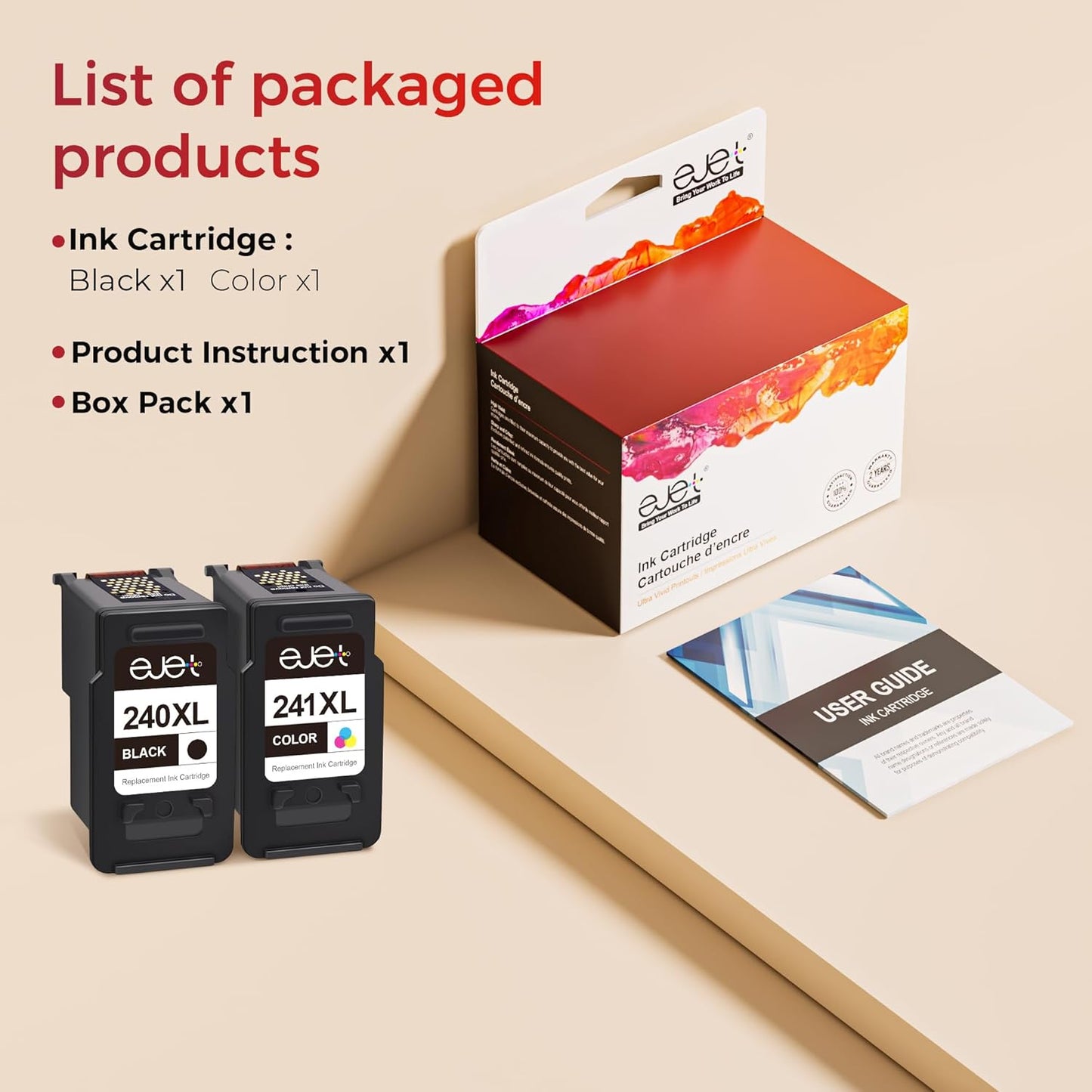 ejet PG-240XL/CL-241XL Ink Cartridge Replacement for Canon 240XL 241XL Combo Pack for Canon 240 241 High Capacity for Printer Pixma MG3620 TS5120 MG2120 MG3520 MX452 MX512 MX532 MX472 (2 Pack)